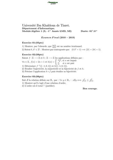 Examen3 Algèbre 1 MI L1 Tiaret by TEHUA