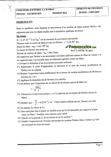 Sujet de Physique Concours EAMAC cycle Technicien Supérieur et Technicien session 2011