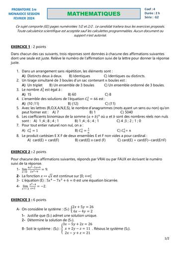 MATHS 1re G2 PROBATOIRE FEVRIER 2024 COLLEGE MONAJOCE by DJAHASHIKAN