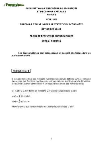 Sujet 1ère épreuve de maths ISE option économie 2003 (ENSEA)