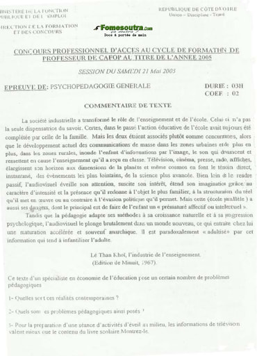 Sujet de Psychologie Générale - Professeur de CAFOP 2005