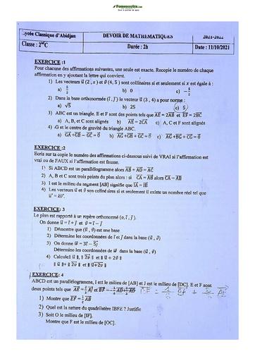 Sujet de Mathématiques Seconde C Lycée Classique Abidjan 2023