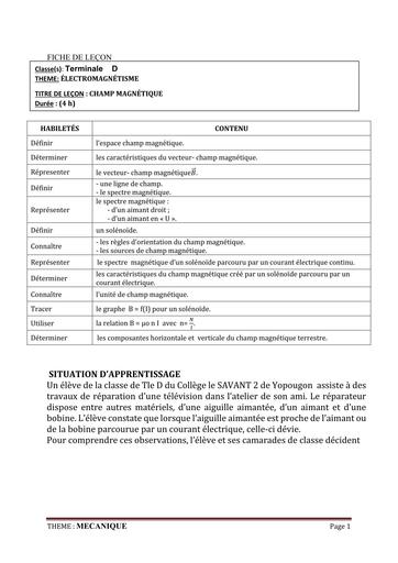 FICHE DE COURS PHYSIQUE Tle D L5  CHAMP MAGNETIQUE