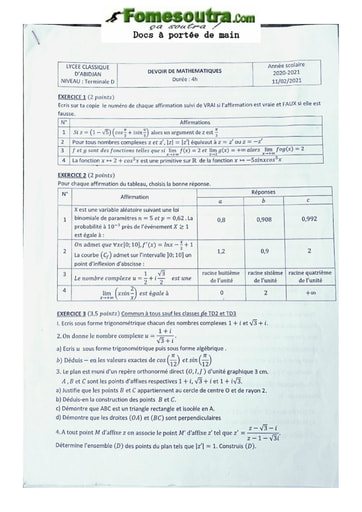 Sujet Mathématiques  Terminale D 2021