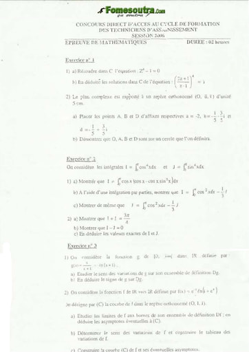 Sujet de Maths Techniciens d'Hygiène et d'Assainissement INFAS 2006