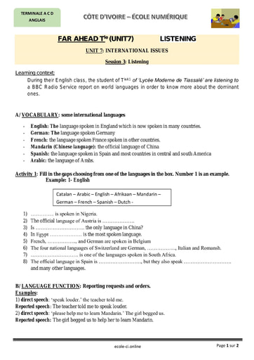 UNIT 7: INTERNATIONAL ISSUES (session 3) - Cours d'Anglais niveau Terminale