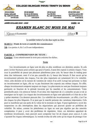 EXAMEN BLANC INTERNE  ECONOMIE Tle B MAI 2026 BY TEHUA