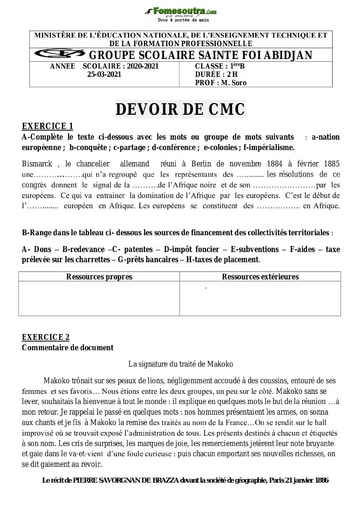 Devoir de CMC Première B 2020 2021 GROUPE SCOLAIRE SAINTE FOI ABIDJAN