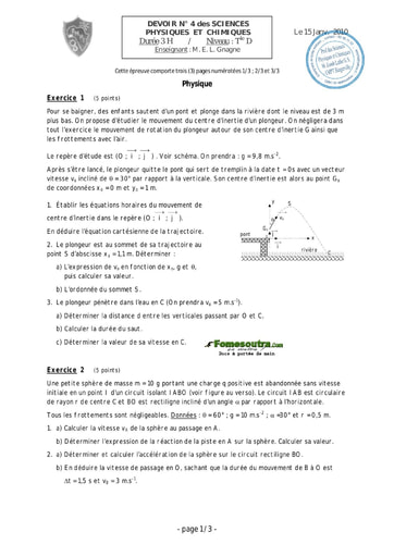 Devoir (14) Physique-Chimie niveau Terminale D - EMPT Bingerville