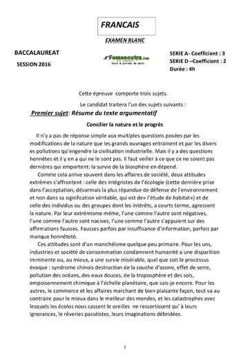 Sujet de Français BAC blancs serie A et D 2016 - Cours du soir Educ-Coprim