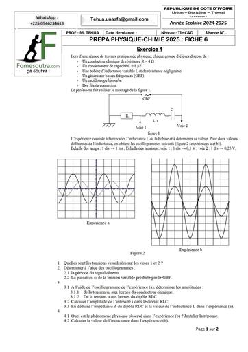 PREPA BAC 2025 SERIE PC C&D FICHE 6 sujet+corrigé MAI 2025 BY TEHUA