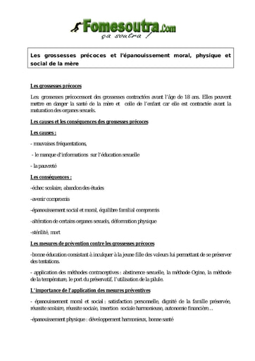 Les grossesses précoces et l’épanouissement moral, physique et social de la mère