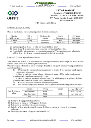 Sujet Dosage du Béton - Génie Civil