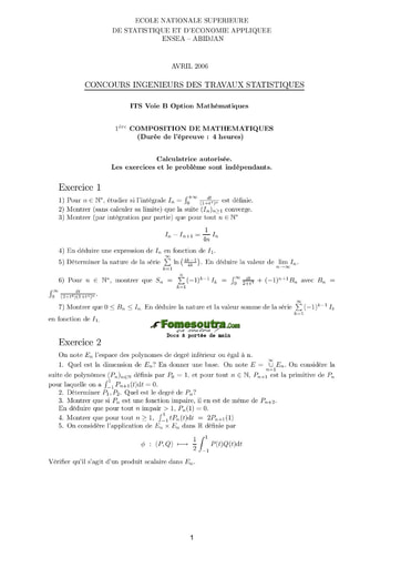 Sujet 1ère épreuve de maths ITS B option Maths 2006 (ENSEA)