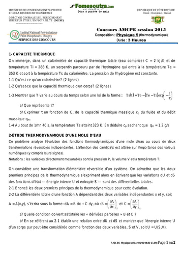 Sujet de Physique 5 (thermodynamique) concours AMCPE 2015