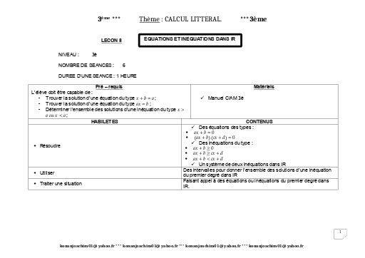 Fiche de cours Maths 3ième Leçon 8 Equations et Inéquations dans IR by TEHUA