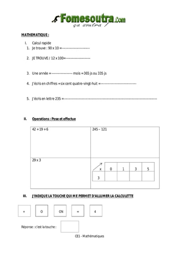 Mathématique 5 niveau CE1