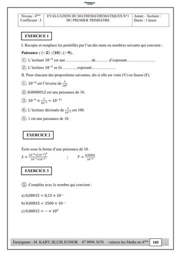 DEVOIR DE MATHS NIVEAU 4ième TRIMESTRE 1 BY TEHUA