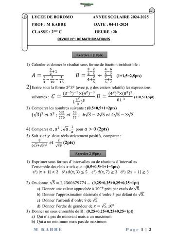 Sujet 2nde C DEVOIR Maths 2nde C Lycée de boromo By Tehua