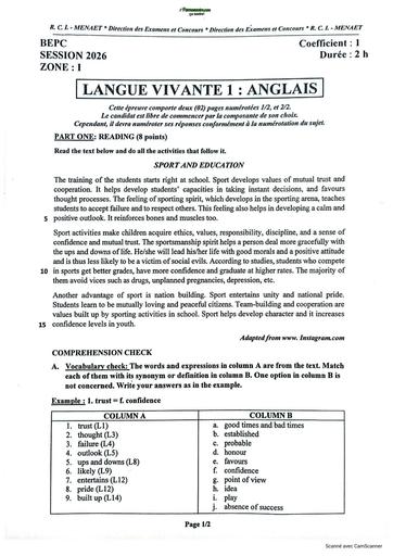 BEPC 2026   ANGLAIS SUJET (Zones 1,2 et 3) BY TEHUA