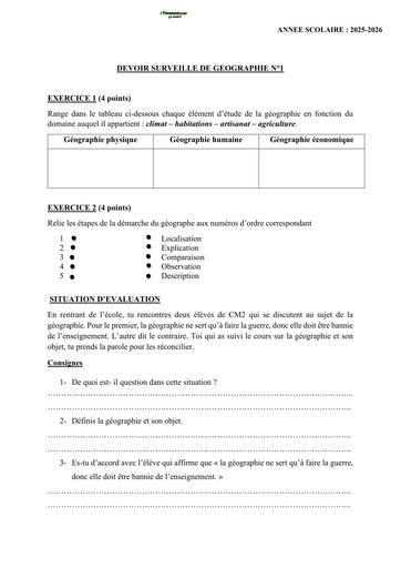 DEVOIR DE GEOGRAPHIE NIVEAU 6ième KAMI 2026 N°1 BY TEHUA