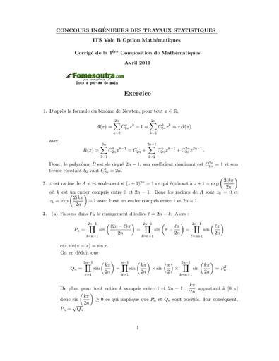 Corrigé 1ère épreuve de maths ITS B option Maths 2011 (ENSEA)