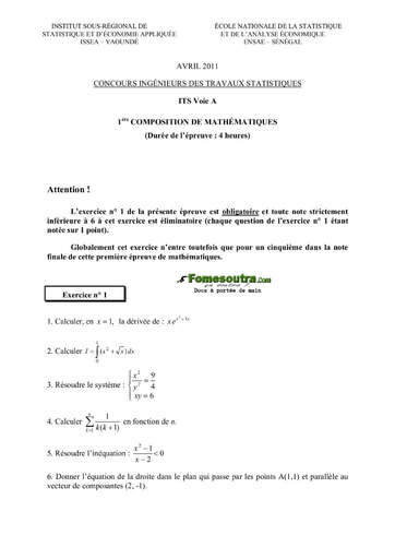 Sujet 1ère épreuve de maths ITS A 2011 (ENSAE - ISSEA)