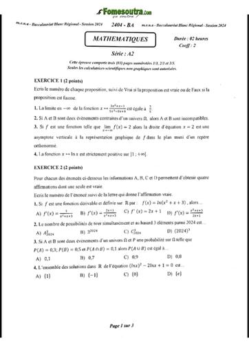 Bac blanc 2024 maths serie A2 dren Abidjan 2 sujet+barème by Tehua