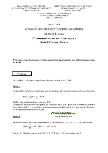 Sujet 1ère épreuve de maths ISE option économie 2014 (ENSEA - ISSEA - ENSAE)