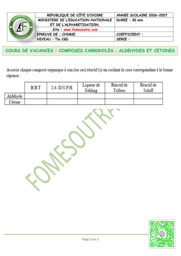 FICHE 1 chimie Tle C&D COMPOSES CARBONYLES ALDEHYDES ET CETONES by TEHUA