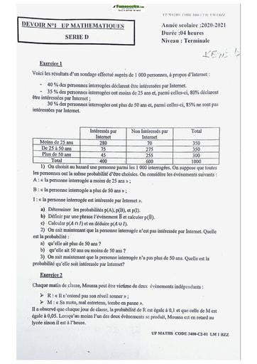 Sujet de Mathématiques Terminale D Lycée Classique Abidjan 2021