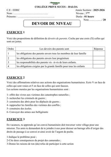 DEVOIR EDHC NIVEAU 3ième COLLEGE PRIVE SUCES DALOA BY TEHUA