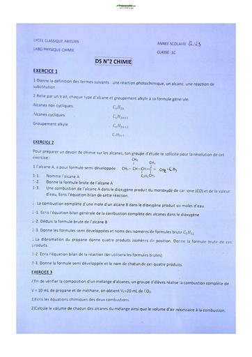 Sujet de Physique-Chimie Première C Lycée Classique Abidjan 2022-2023