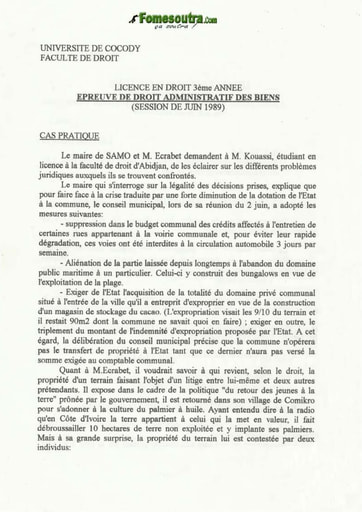 Epreuve de Droit Administratif des Biens - Juin 1989