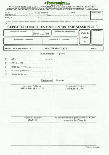 Sujet de Mathematique CEPE 2013 zone 1