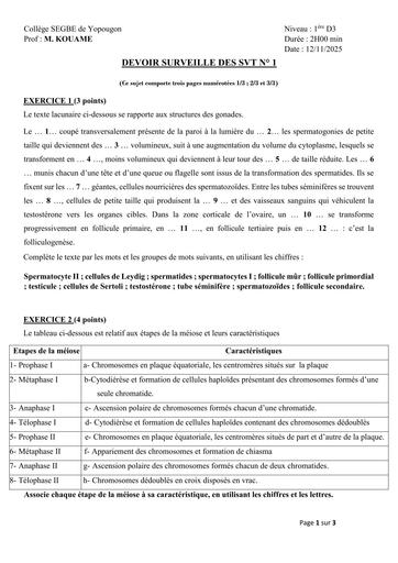 DEVOIR DE SVT 1ière D COLLGE SEGBE DE YOPOUGON 2026 BY TEHUA