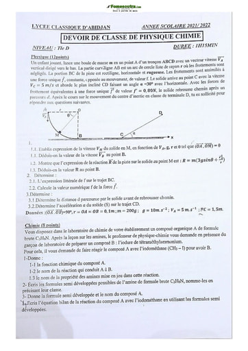 Sujet Terminale D Physique-Chimie Lycée Classique Abidjan 2021-2022 new