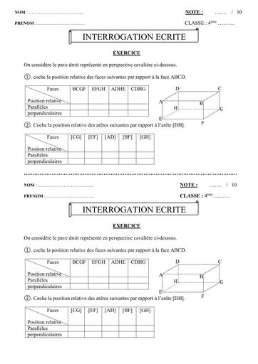 Interrogation écrite niveau 4ème (perspective cavalière) By Tehua