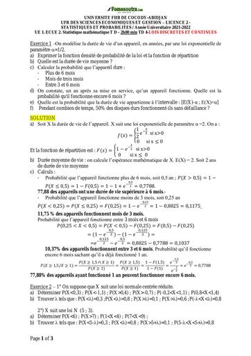 UFHB de Cocody ( loi discrètes et continues 2) L2 CORRECTIONS TD4 2021 2022 by TEHUA