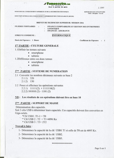 Sujet d'Informatique BTS Finances Comptabilité et Gestion d’Entreprises 2016