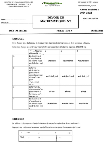 Devoir de Mathématiques niveau 1ère A - Année scolaire 2021-2022