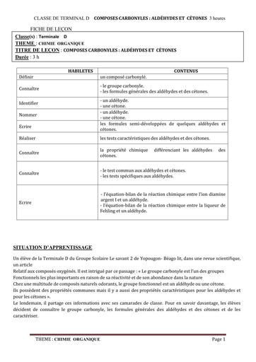 FICHE DE COURS CHIMIE Tle D L2 ALDEHYDES ET CETONES