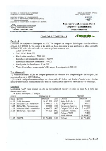 Sujet de Comptabilité concours CAE 2013