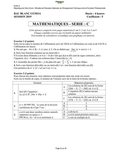 Sujet maths Bac Blanc UEMOA serie C BY TEHUA