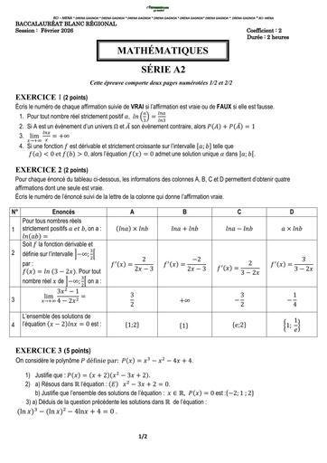 BAC BLANC 2026 DRENA GAGNOA SUJET MATHS SERIE A2 (SUJET) by TEHUA