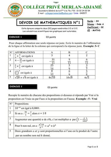 DEVOIR DE NIVEAU MATHS niveau 2nde A MERLAN NOVEMBRE 2025 SUJET 1 by TEHUA