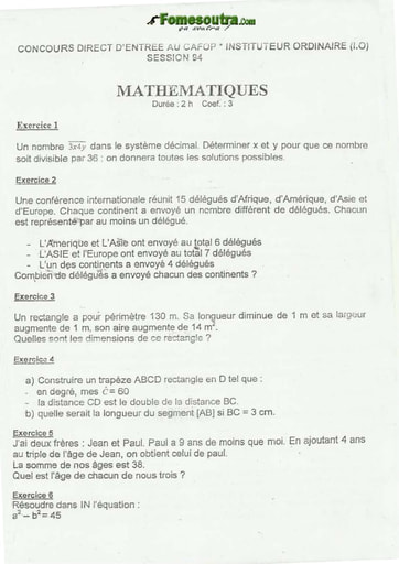 Sujet de Maths CAFOP 1994