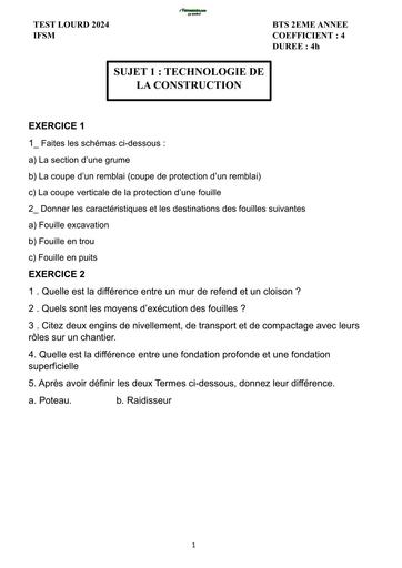TEST LOURD 2024 BTS 2EME ANNEE IFSM TECHNOLOGIE DE LA CONSTRUCTION BY TEHUA