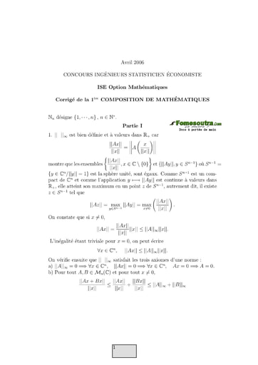 Corrigé 1ère épreuve de maths ISE option maths 2006 (ENSEA - ISSEA)