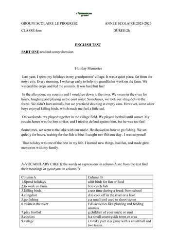 DEVOIR D'ANGLAIS niveau 4ième HOLIDAY MEMORIES by TEHUA